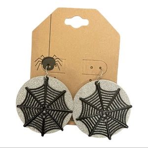 Happy Halloween Glitter Spiderweb Laser Cut Round Dangle Halloween Earrings NWT